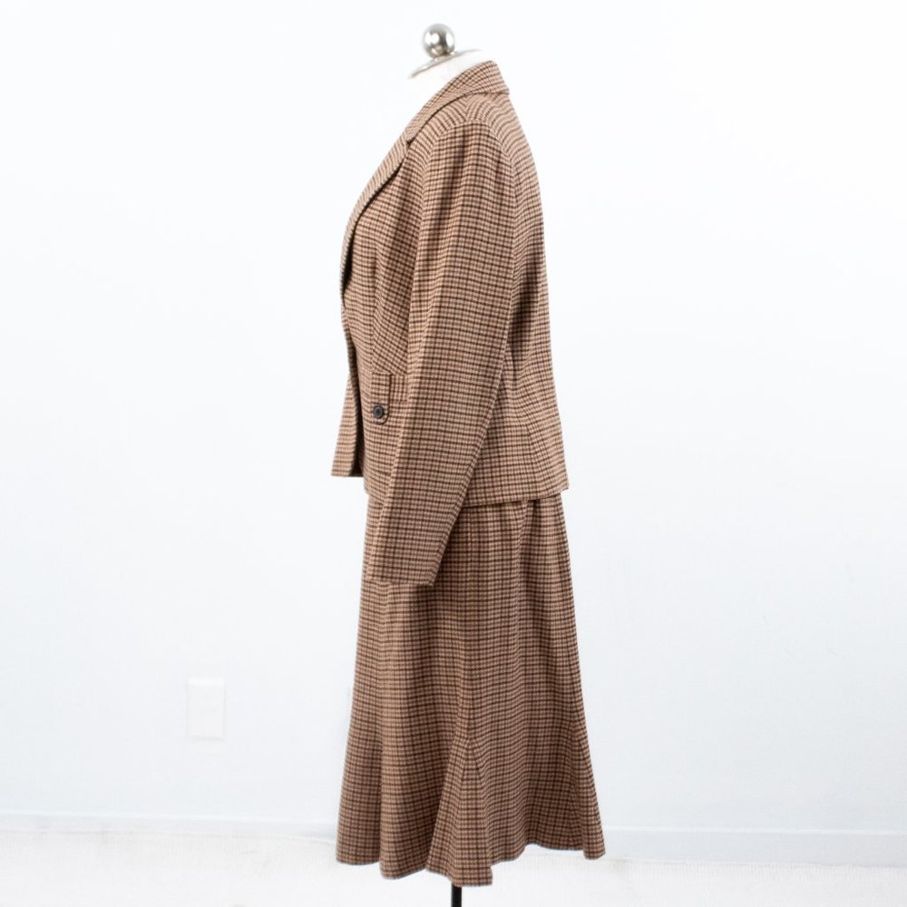 Vintage 90s M Wool Plaid Blazer Skirt Suit Brown - Picture 3 of 16